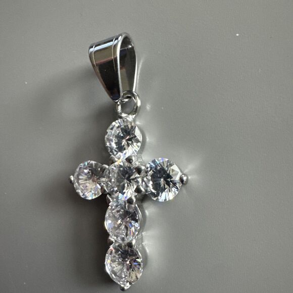 Cubic Zirconia Stainless Steel Cross Pendant Gift Trendy 24” Necklace Silver - Picture 2 of 6